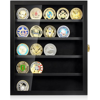 Military Challenge Coin Display Case, Coin Display Holder Wall Mount with Removable Shelves, Shadow Box for Medals Pin Badges Buttons