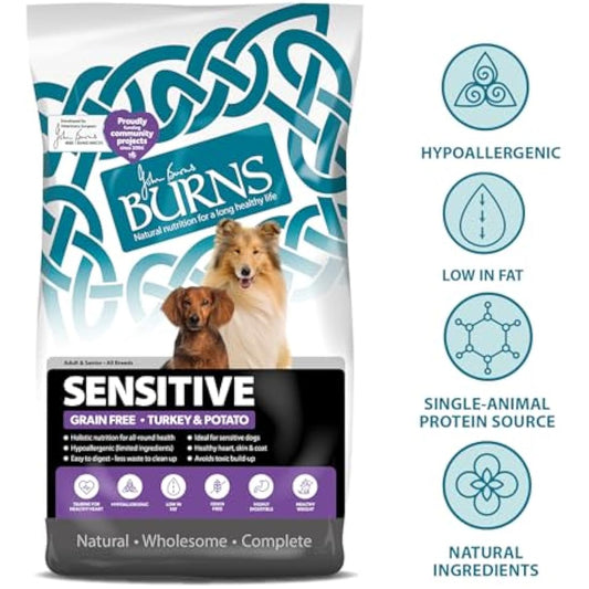 Burns Pet Nutrition Complete Dry Hypoallergenic Dog Food For Sensitive Dogs – Turkey and Potato 6 kg