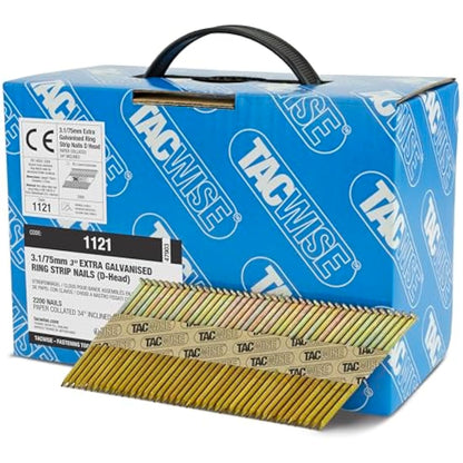 Tacwise 1121 3.1 / 75 mm Extra Galvanised Framing Nails, D Head, Ring Shank, 34° Inclined, Paper Collated, Pack of 2,200, Silver