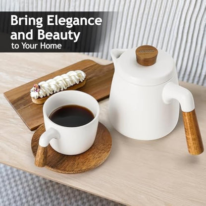 MIAMIO – 1000 ml Ceramic Tea Pot Set with Infuser and Cups/Tea Strainer, 4 Ceramic Tea Mugs (300 ml), Bamboo Saucers/Handle for Home and Office (White)