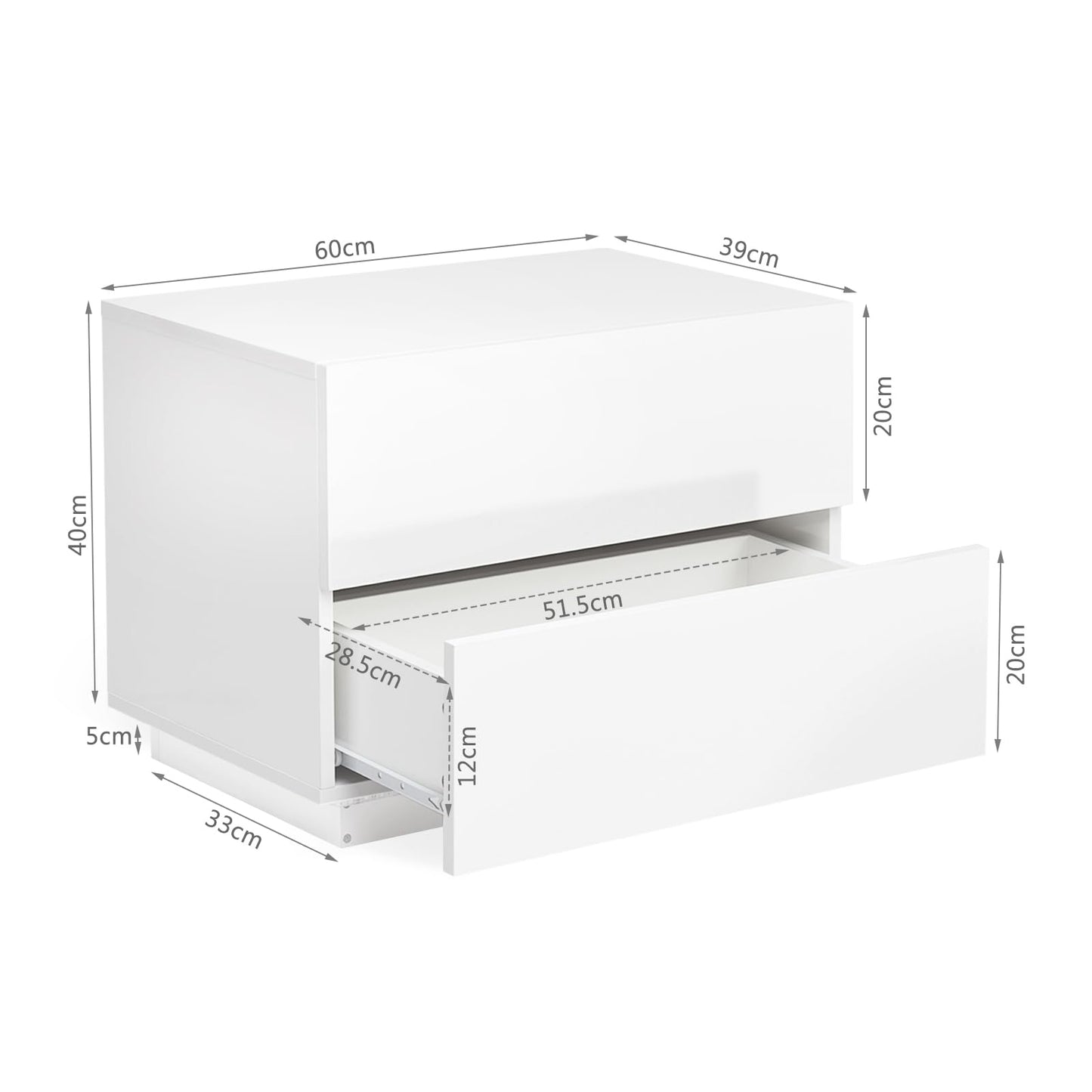 Meerveil Bedside Table, LED Bedside Cabinet with 2 Drawers High Gloss with USB Light 60x39x45cm for Bedroom Living Room, White
