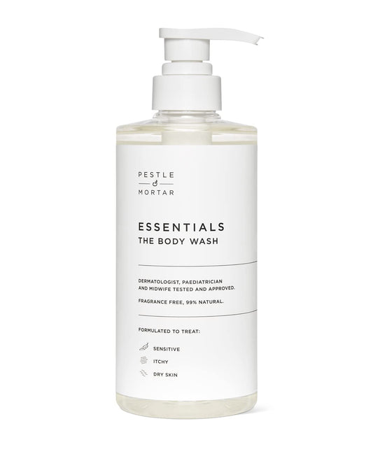 Pestle & Mortar Essentials Body Shower Gel 500ml, with Vitamin E, For Dry, Itchy, Sensitive and Eczema-prone Skin, Dermatologically tested, midwife