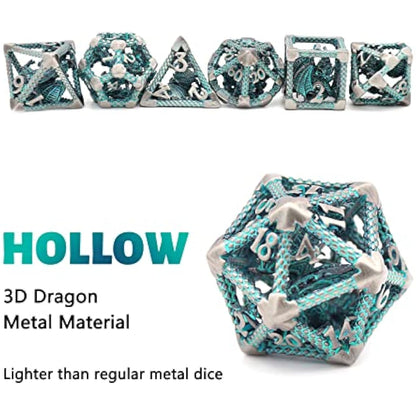 D&D Hollow Metal Polyhedral Dice Set for RPG and Tabletop Games - 3D Silver Blue