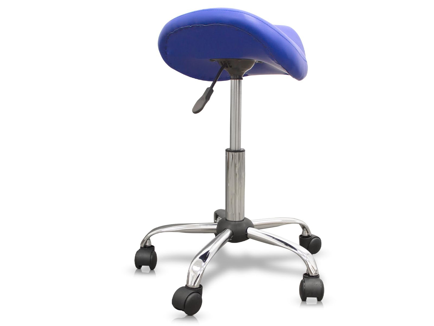 QUIRUMED Ergonomic Pony Stool with Steel Base, Purple, Upholstered in Leatherette, Adjustable Height, Padded Seat, Swivel Wheels, Up to 150 kg