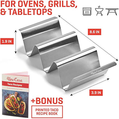 Uno Casa Taco Holders Set of 6 - Metal Holder for Taco Shells - Durable Stand for U-Shaped Rack - Perfect for Serving, Baking, and Grilling - Includes Recipe Book for Delicious Mexican Creations