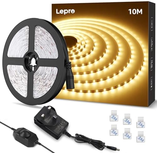 Lepro LED Strip Light Warm White 10M, 2000lm Dimmable LED Taple, 24V UK Plug in LED Strip with Dimmer Switch, 3000K Flexible Stick-on LED Lights for Bedroom, Kitchen, Cupboard, Shelf (1 Roll)