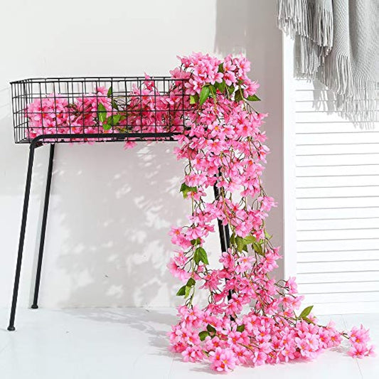 JUSTOYOU 2 Pcs 5.7FT Artificial Flowers Cherry Blossom Sakura Hanging Vine Fake Sakura Garland Fake Oriental Cherry Wreath Home Garden Party Wedding Decor（Rose Red）