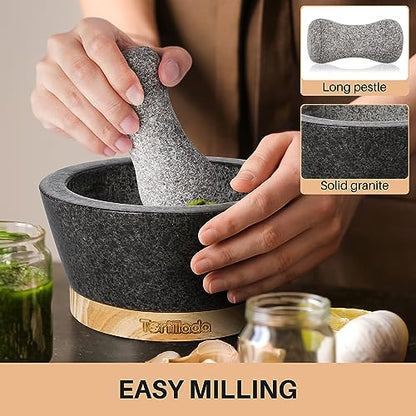 Tortillada – 16 cm Mortar and Pestle Set Large Made of Natural Granite with Anti-Scratch Wood Base Granite Spice Herb Grinder Pill Crusher with 50 Recipes, Black