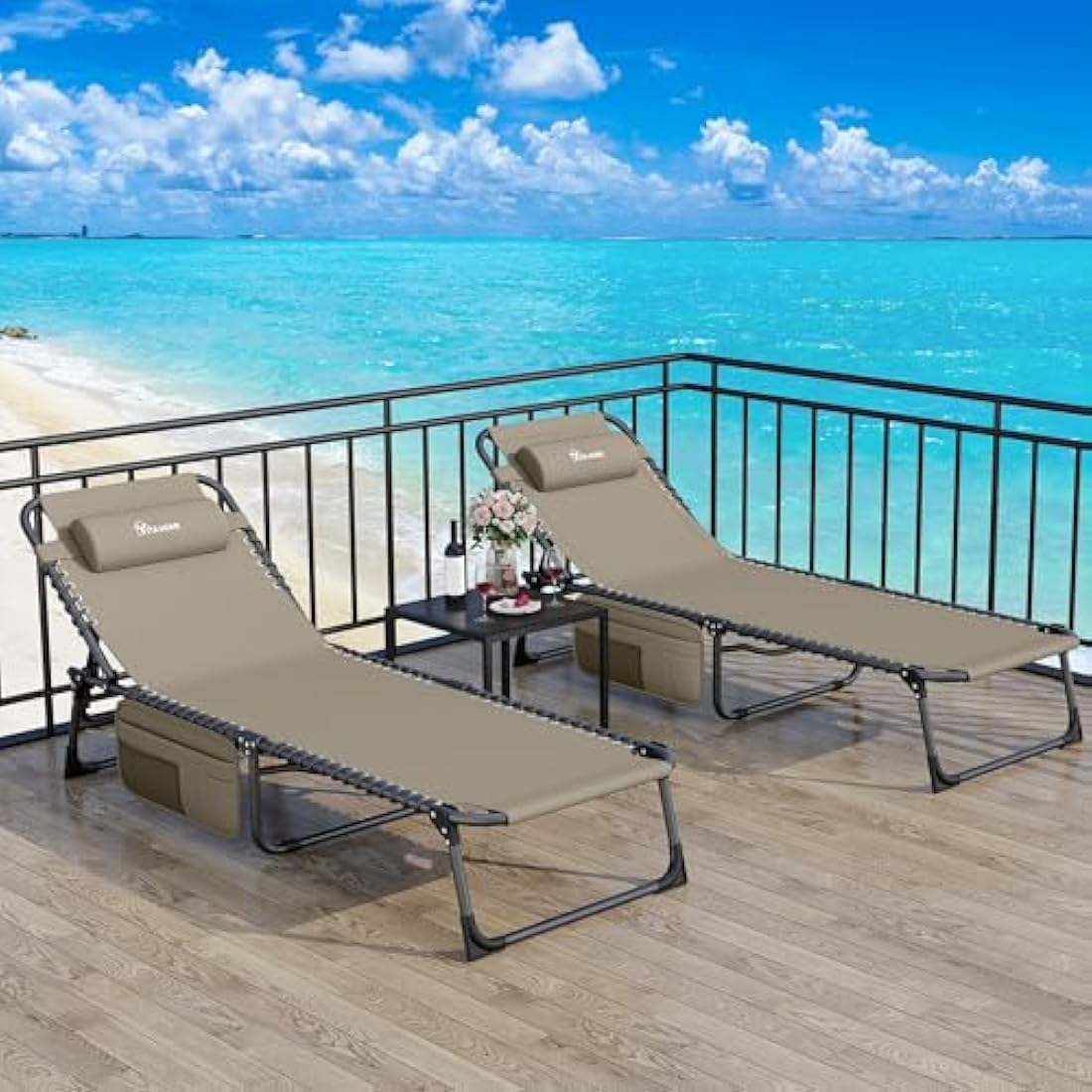 YITAHOME Reclining Sun Lounger Set of 2, Folding Sun Bed 4 Position Adjustable, 190x60x31 cm Sunloungers with Removable Headrest & Side Pocket Load capacity 300lbs for Garden, Beach, Camping, Khaki