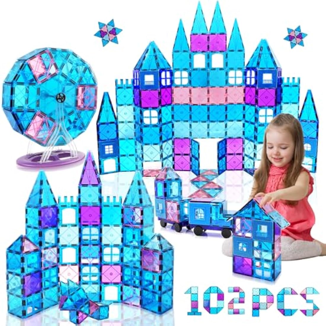 Magnetic Building Blocks Magnetic Tiles 102PCS Princess Castle STEM Toys With Ferris Wheel/2 Cars Educational Construction Magnets Toys Gift for Kids Boy Girls Age 3+ 4 5 6 7 8 Year Christmas Birthday
