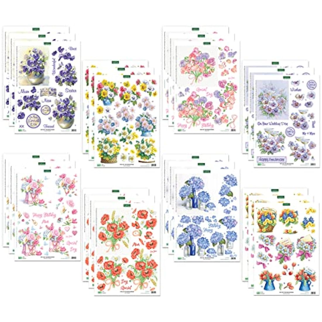 Katy Sue Designs Pretty Flowers 3D Die-Cut Decoupage Sheets for Card Making. A Pack of 24 Sheets of Floral-Themed Die Cuts for Card Making Supplies With Sweet Peas, Corn Poppies, Hydrangeas, & Pansies