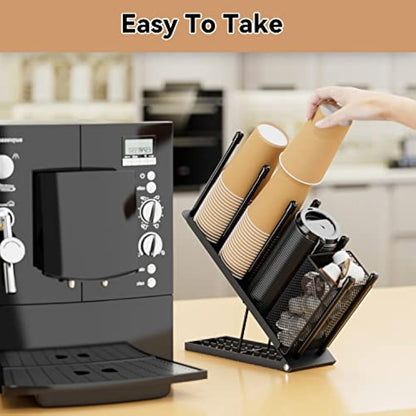 Ovicar Cup and Lid Holder - Adjustable 4 Compartment Disposable Cup Dispenser with Coffee Pod Straw Storage Basket for Bar Countertop Breakroom Metal Black