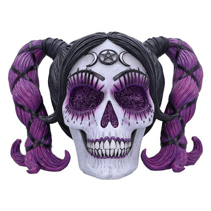 Nemesis Now Drop Dead Gorgeous Myths and Magic Figurine 20.5cm, Resin, Voodoo Doll Skull Ornament, Female Skull with Purple Hair and Glitter Eyes,