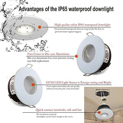 4XSweier IP65 Waterproof LED Recessed Ceiling Lights, 5W Warm White 3000K LED Spot, Suitable for Bathroom and Kitchen spotlights (Configure GU10 Lamp Holder) Downlight Cut-Out 68mm