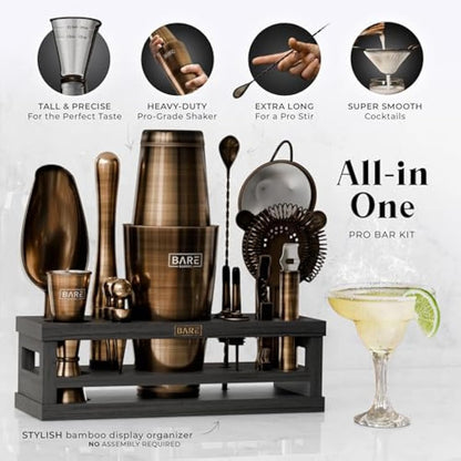 BARE BARREL® Cocktail Making Kit | 16-Piece Bartender Kit Cocktail Shaker Set Maker | Bamboo Display Stand & 35 Recipe Cards | Mixology Cocktail Gift Set (800ml/28oz Boston Shaker, Brass/Black)