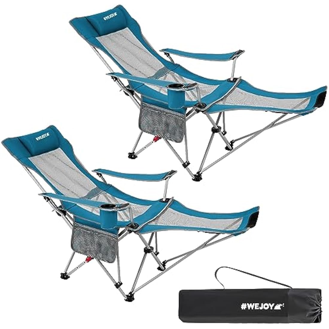 #WEJOY Camping Chairs Folding Recliner Chair Adjustable with Detachable Footrest Headrest Cup Holder Lightweight Portable Reclining Camp Chair Fold Up Chair for Outdoor Beach Garden, Cyan Set of 2