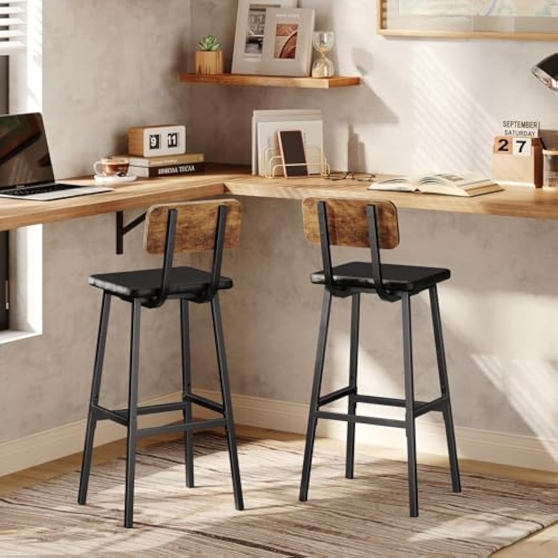 HOOBRO Bar Stools Set of 2, PU Upholstered Breakfast Bar Stools, Industrial Barstools with Backrest and Footrests, Bar Chairs for Kitchen, Dining Room, Bar, Rustic Brown and Black EBF84RBY01G2