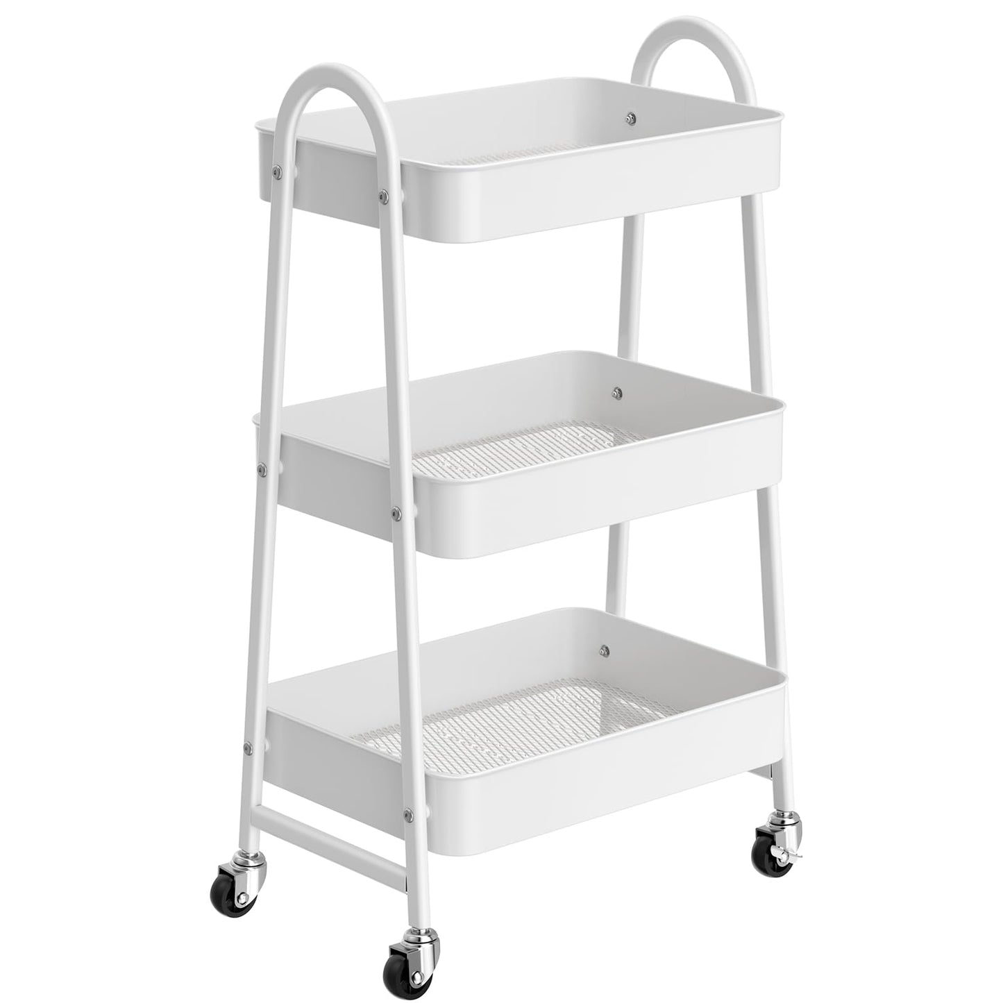 StowBin 3 Tier Metal Storage Trolley with Wheels – Rolling Utility Cart with Handle and Mesh Shelves for Kitchen, Bathroom, Office – White