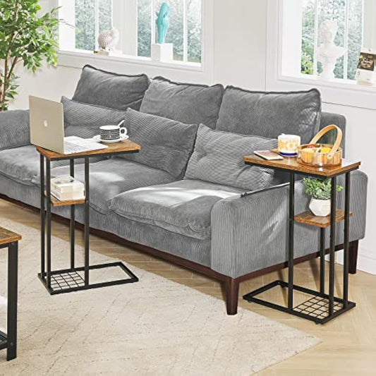 YMYNY C-Shaped End Table Set of 2, Side Table for Sofa and Bed, Coffee Table for Small Spaces, Living Room, Bedroom, Industrial Small Table with Storage Shelf and Metal Frame, Rustic Brown, HST004H-2