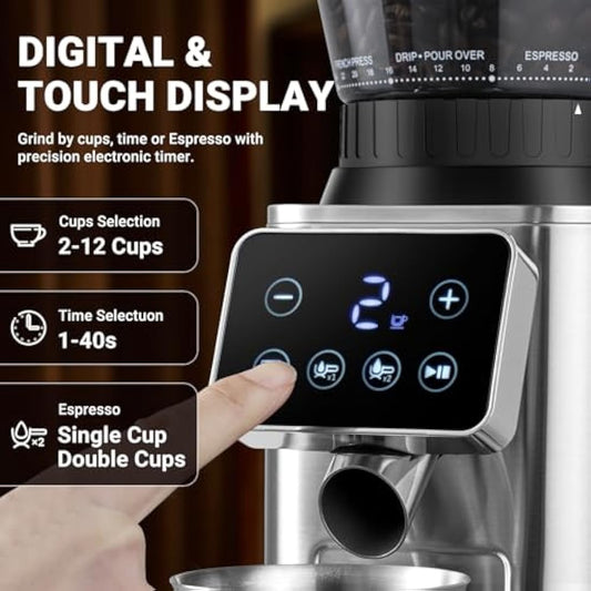 AMZCHEF Electric Coffee Grinder, Burr Coffee Grinders for Home Use, 24 Precise Grind Setting, LED Control Panel, Detachable Portafilter Holder, Stainless Steel Coffee Bean Grinder for Espresso