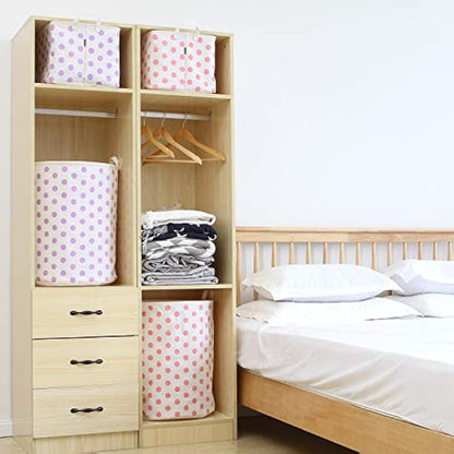Sea Team 19.7 Inch Large Sized Waterproof Coating Ramie Cotton Fabric Folding Laundry Hamper Bucket Cylindric Burlap Canvas Storage Basket with Stylish Pink Dot Design