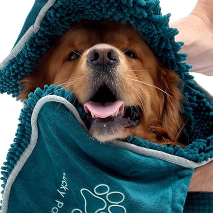 Lucky Paws® Chenille Dog Towel with Hand Pockets - UK Based Seller - Absorbent Microfibre Towel - Fast Drying - Super Soft - Machine Washable & Dryable - 88 x 32cm (Pack of 2, Teal)