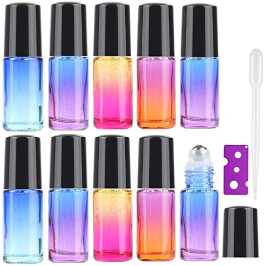 JamHooDirect 10Pcs, 5Ml Essential Oil Roll on Bottles Refillable Rainbow Glass Roller Bottles with Stainless Steel Roller Balls & Black Caps & Bottle Opener, Perfect for Aromatherapy, Fragrance
