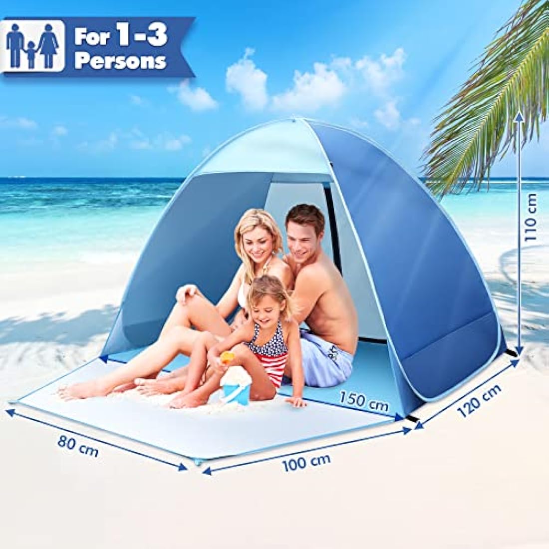 Pop Up Beach Tent, Beach Tent UV 50+ Protection Automatic Beach Tent Shelter Portable Sun Shade Tent with Front Extended Floor Zipper Back Door for Beach, Garden