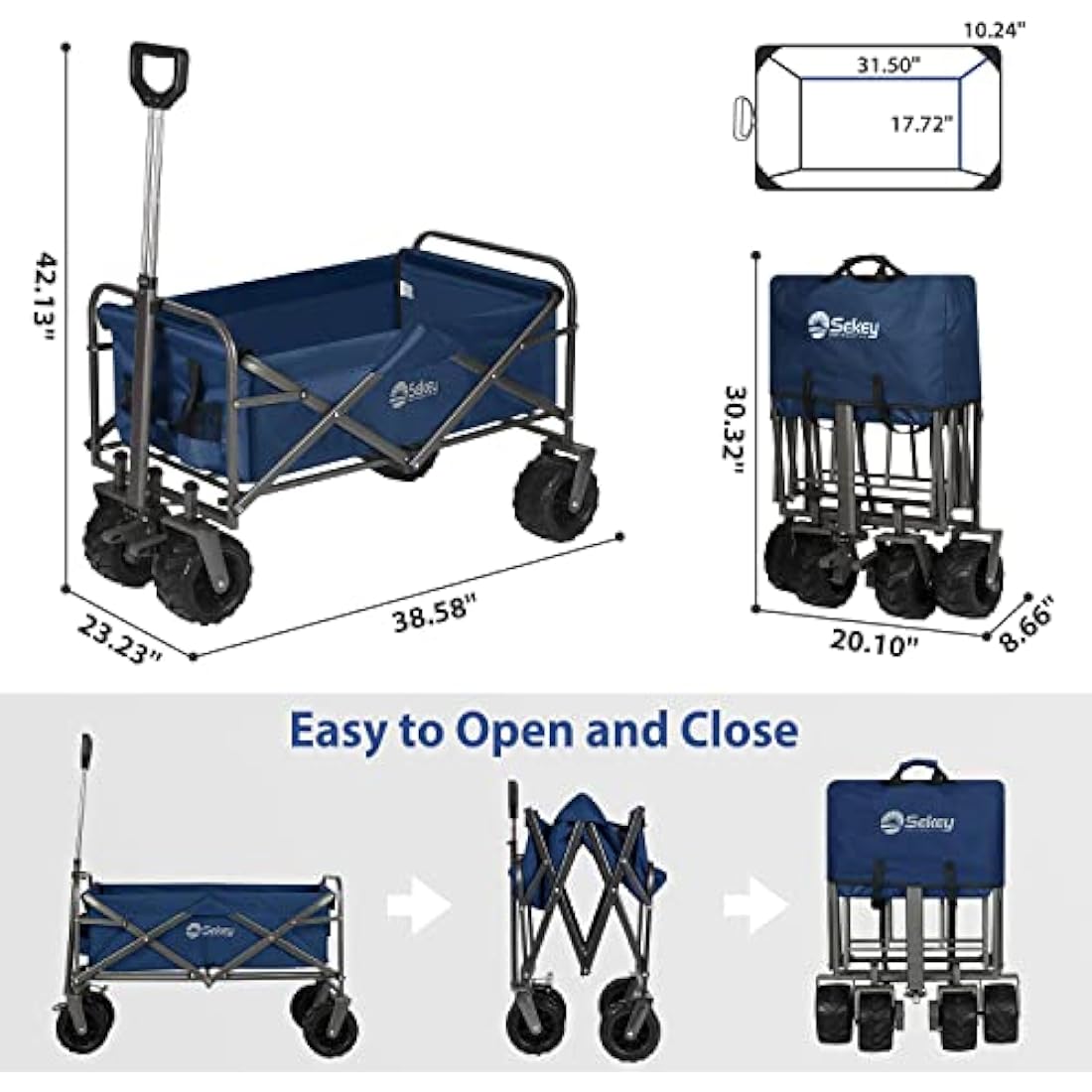 Sekey Folding Festival Trolley with Wide All-Terrain Wheels, 440LB Large Load Capacity, Heavy-Duty Camping Wagon with Brake, Sturdy Beach Garden Cart, Adjustable Handles & Drink Holders, Blue