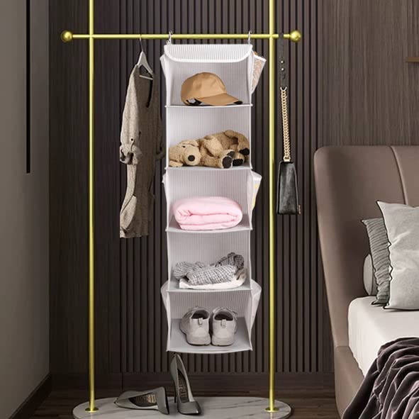 BrilliantJo Hanging Wardrobe Organiser 5 Shelves Closet Storage Hanging Shelves with 6 Side Pockets Clothes - Grey Strip(30 x 30 x 108cm)