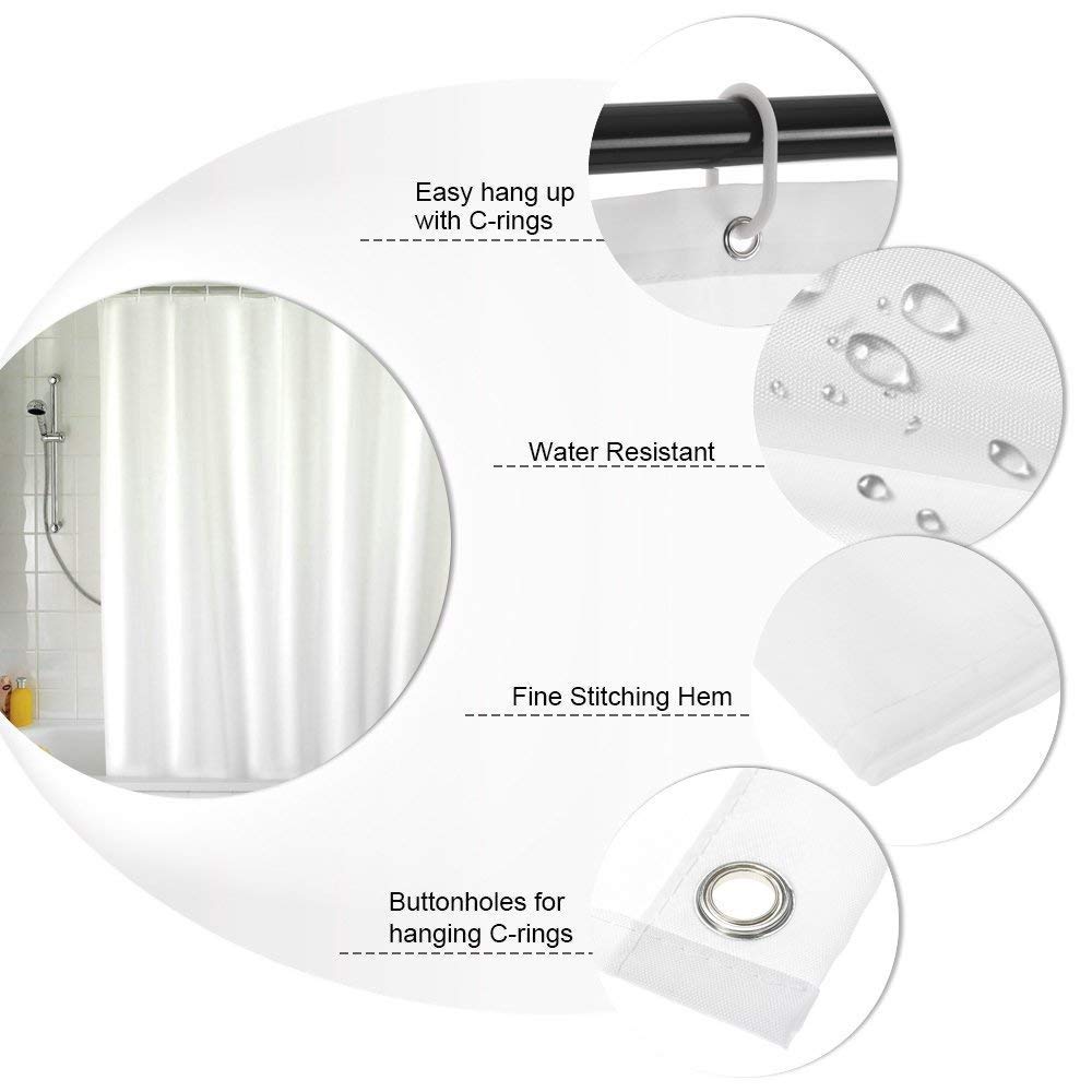 KAV Polyester Soft fabric Shower Curtain Mould and Mildew Resistant Solid White and Snow White Matching Hooks - Machine Washable 71x71 Inch