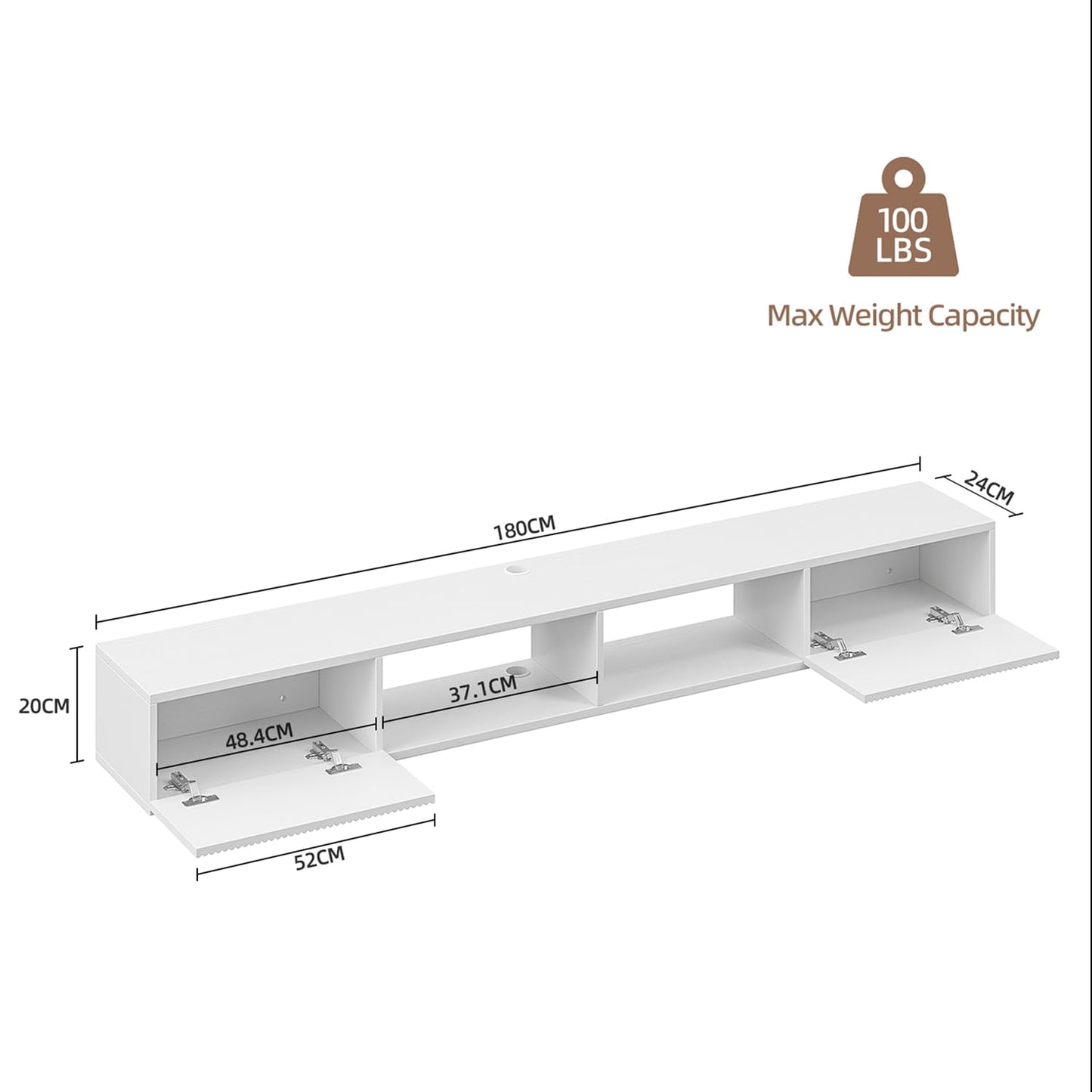 FloatiCasa 180cm White Plywood Floating TV Stand, Fluted Doors & Cabinets