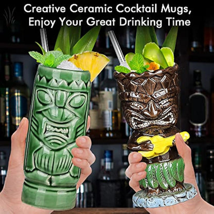 Tiki Glasses for Cocktails Tiki Mugs Set of 4 Ceramic Tropical Cups Hawaiian Tiki Party Creative Cocktail Glass Drinks Large Bar Drinkware Premium Tropical Exotic Cute Barware 4 Packs