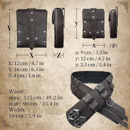 EpicCos 3PCs Medieval Fanny Pack Accessory Set, Renaissance Fanny Pack, Vintage Viking Wide Belt for LARP Events (Brown A)