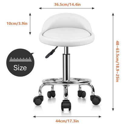 KKTONER PU Leather Round Rolling Stool with Foot Rest Height Adjustable Swivel Drafting Work SPA Task Chair with Wheels (White)