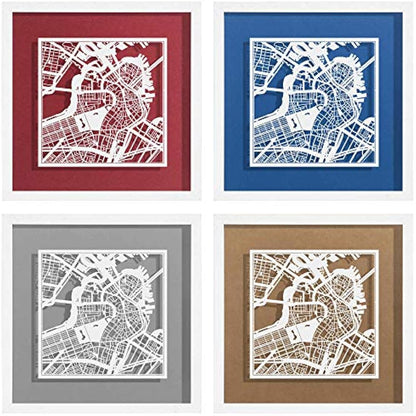 O3 DESIGN STUDIO Boston Paper Cut Map framed, White map, White frame, 9x9 inches, Gift Boxed, 4 background color, self-changing, Paper Art