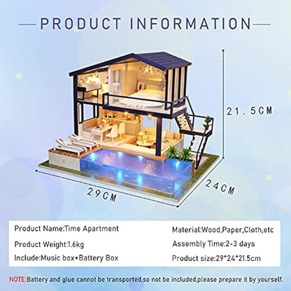 Cuteroom DIY Wooden Dolls House Handcraft Miniature Kit Model & Furniture-Time Apartment With Swimming Pool