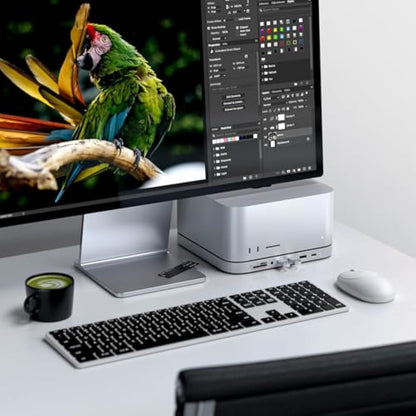 SATECHI Mac Mini Hub & Stand with SSD Enclosure for NVME/SATA M.2, Mac Mini Dock with USB-C 10Gbps, 3 USB-A 5/10Gbps, 2.0 Audio Jack, for Mac Studio, Mac Mini M2/M1 (Not Compatible with M4) – Silver