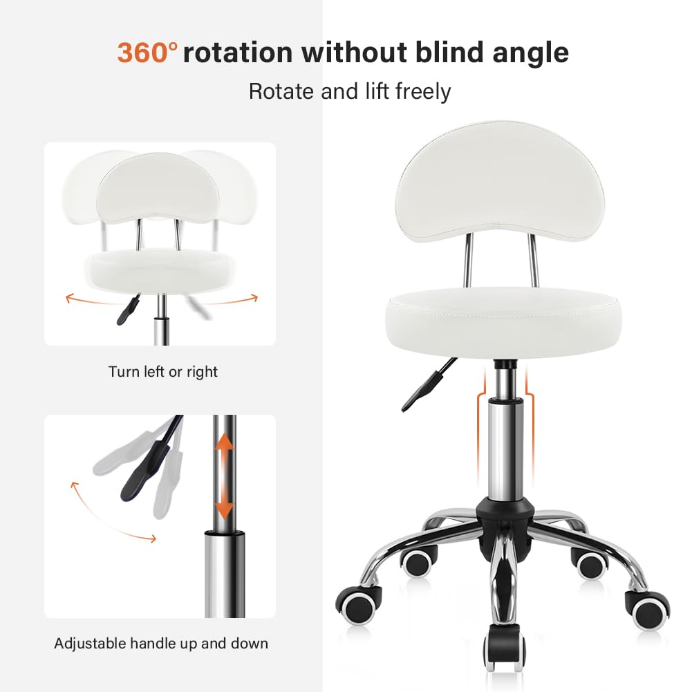 KKTONER Rolling Stool with Mid Back Height Adjustable Chair PU Leather Swivel Chair with Wheels for Office Home Task Drafting (White)