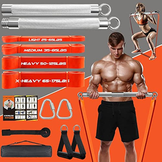 DASKING Resistance Bands Set with 75cm Detachable Exercise Bar, 4 Different Level Pull Up Bands - Fitness Workout Bars Kit for Strength Training, Pilates, Yoga - Home Gym Sports System Equipment