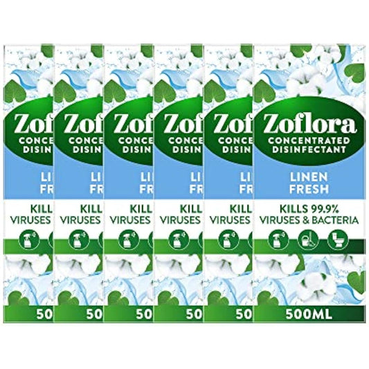 Zoflora Linen Fresh Concentrated Multipurpose Disinfectant Liquid, 6 x 500 ml (3 L), Antibacterial & Multi-Surface, Pet Safe Disinfectant, Kills 99.9% Of Bacteria & Viruses
