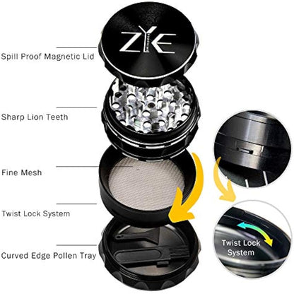 ZYE Herb Grinder – Quality Aluminium w/Ultra Sharp Teeth – Large 2.5" 4 Piece w/Twist & Lock Storage Layer – No Flaking and Non-Stick - Black