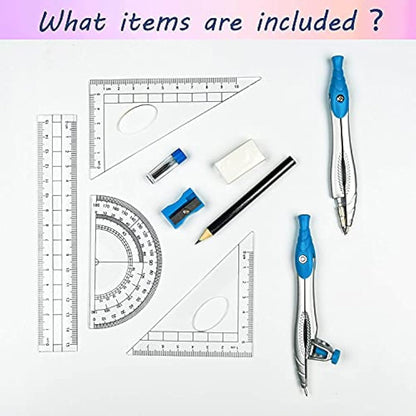 Lifreer Maths Set, Geometry Set For Secondary School,10 Pcs Protractor and Compass Set, Ruler Set For Drafting And Drawing (Blue)