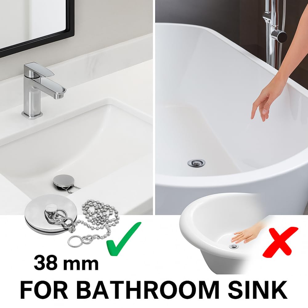 Bathroom Sink Wash Basin ONLY, Replacement Plug Drain Hole Stopper 38mm & 12" Chain (38mm) DOES NOT FIT BATH TUB