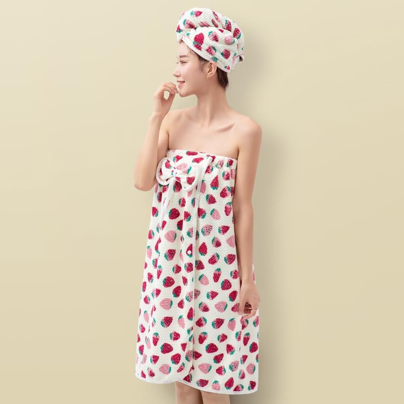Cute Strawberry Print Bathrobes,Bath Towels Set,towel wrap for women,towelling dressing gown ladies,head Hair Wrap Quick Dry Cap,cotton hair drying