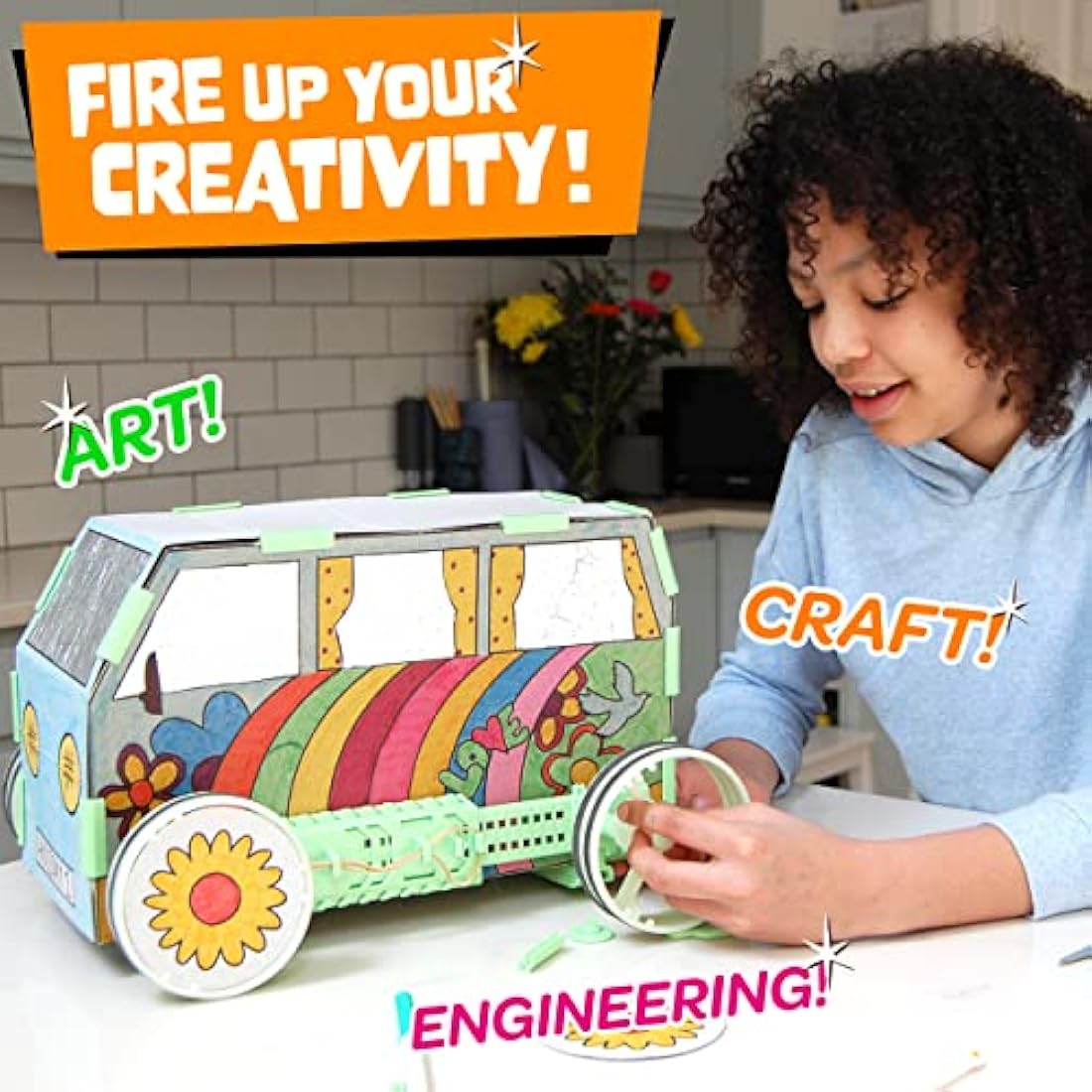 JUNKO Zoomer Toy Car Kit - Transform boxes, bottles, juice cartons... into Toy Cars. Made from Recycled Plastic. Endlessly Reusable Art, Craft & Build Kit. Lego® compatible.