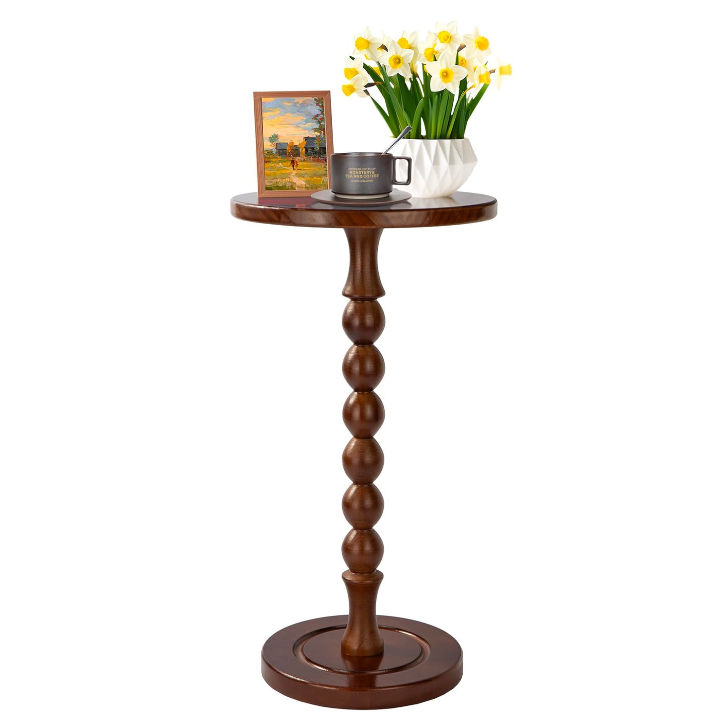 Lampaggio Round Side Table for Small Spaces, Drink Table with Oak Wood Pedestal, Modern End Table Nightstand for Living Room, Bedroom, Office