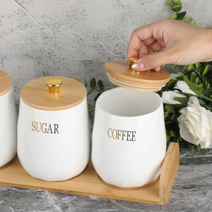 BTSKY Ceramic Kitchen Canisters with Lid and Tray - White Airtight Sugar Coffee Tea Containers with Wooden Tray, Food Storage Jars for Kitchen Counter