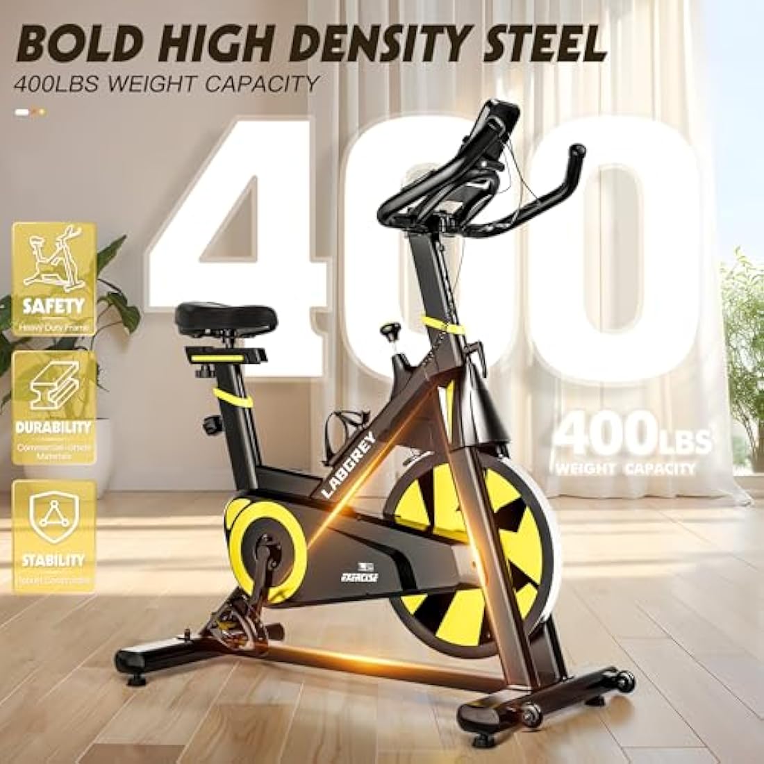 LABGREY Exercise Bike Indoor Cycling Bike Stationary Cycle Bike with Heart Rate Sensor & Comfortable Seat Cushion, Quiet Fitness Bike for Home Cardio Workout