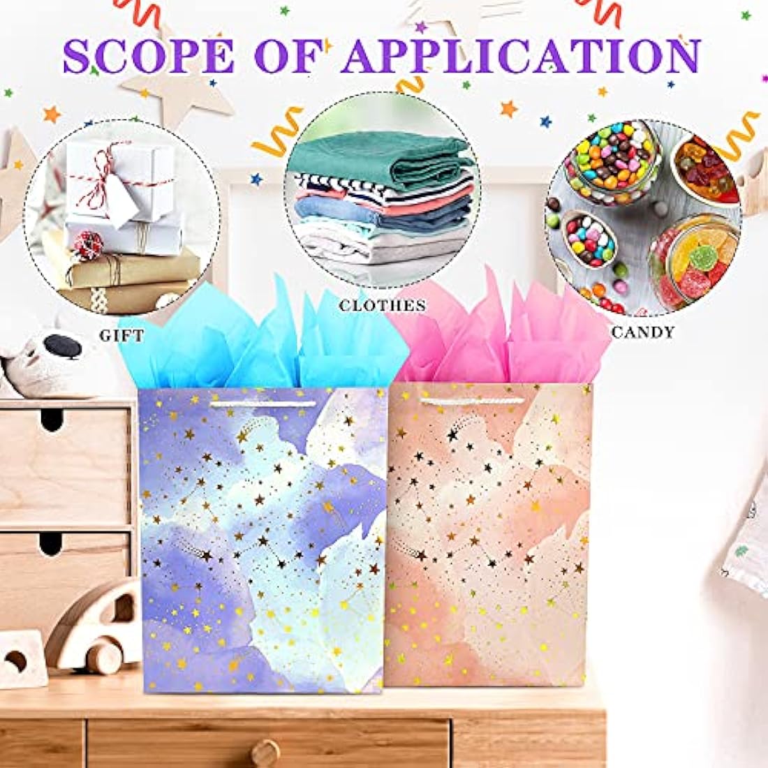 Gift Bag Large-2 Gift Bags with FREE 4 Tissue Paper-Birthday Gift Bag Set with Handle-Paper Gift Bags for Present-Pink and Blue Gift Bags for Women Men Kids Boy Girl Present Bag for Birthday Party Bag